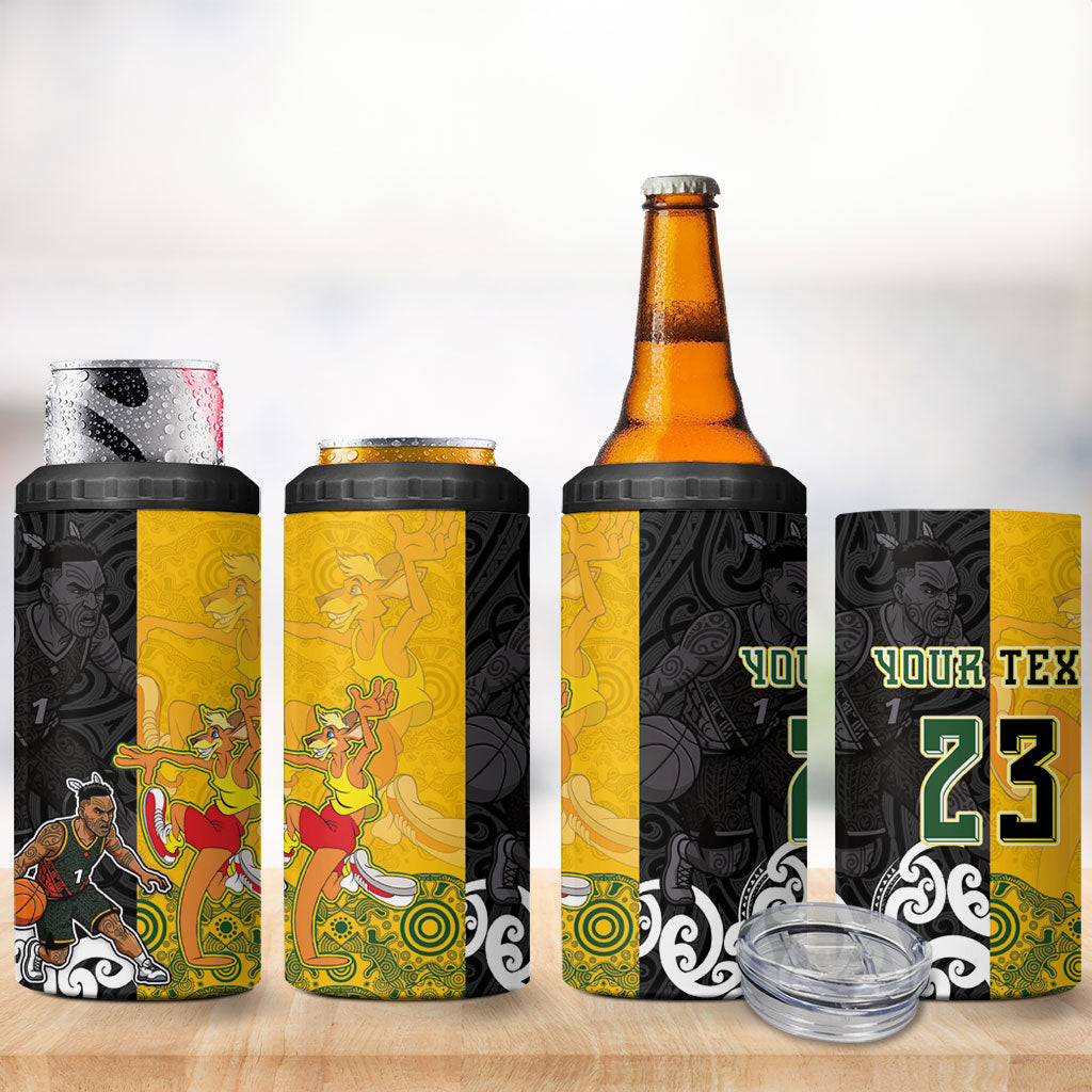 Aotearoa New Zealand And Australia Basketball Custom 4 in 1 Can Cooler Tumbler Maori Tribal Tattoo And Aboriginal Dot Art Heritage LT03 - Polynesian Pride