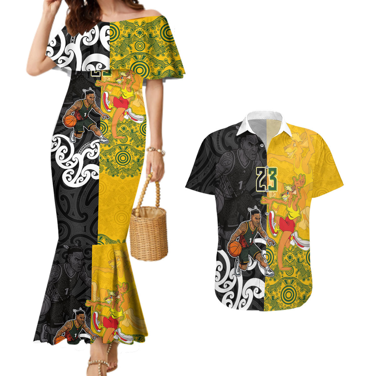 Aotearoa New Zealand And Australia Basketball Custom Couples Matching Mermaid Dress and Hawaiian Shirt Maori Tribal Tattoo And Aboriginal Dot Art Heritage
