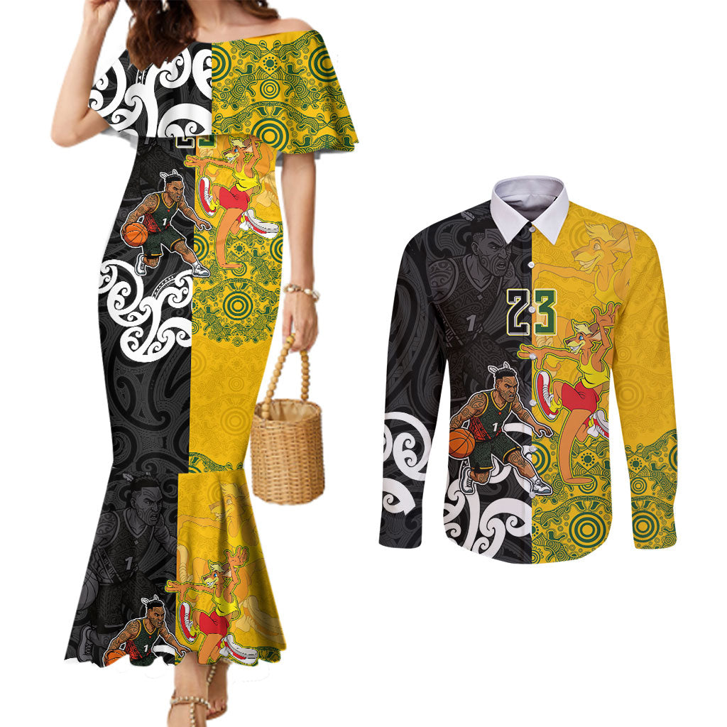 Aotearoa New Zealand And Australia Basketball Custom Couples Matching Mermaid Dress and Long Sleeve Button Shirt Maori Tribal Tattoo And Aboriginal Dot Art Heritage LT03 Multicolor - Polynesian Pride