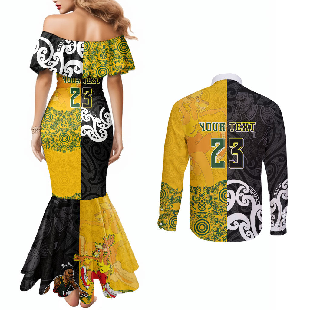 Aotearoa New Zealand And Australia Basketball Custom Couples Matching Mermaid Dress and Long Sleeve Button Shirt Maori Tribal Tattoo And Aboriginal Dot Art Heritage LT03 - Polynesian Pride
