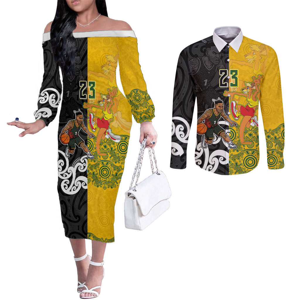 Aotearoa New Zealand And Australia Basketball Custom Couples Matching Off The Shoulder Long Sleeve Dress and Long Sleeve Button Shirt Maori Tribal Tattoo And Aboriginal Dot Art Heritage LT03 Multicolor - Polynesian Pride