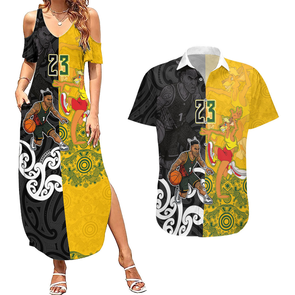 Aotearoa New Zealand And Australia Basketball Custom Couples Matching Summer Maxi Dress and Hawaiian Shirt Maori Tribal Tattoo And Aboriginal Dot Art Heritage LT03 Multicolor - Polynesian Pride