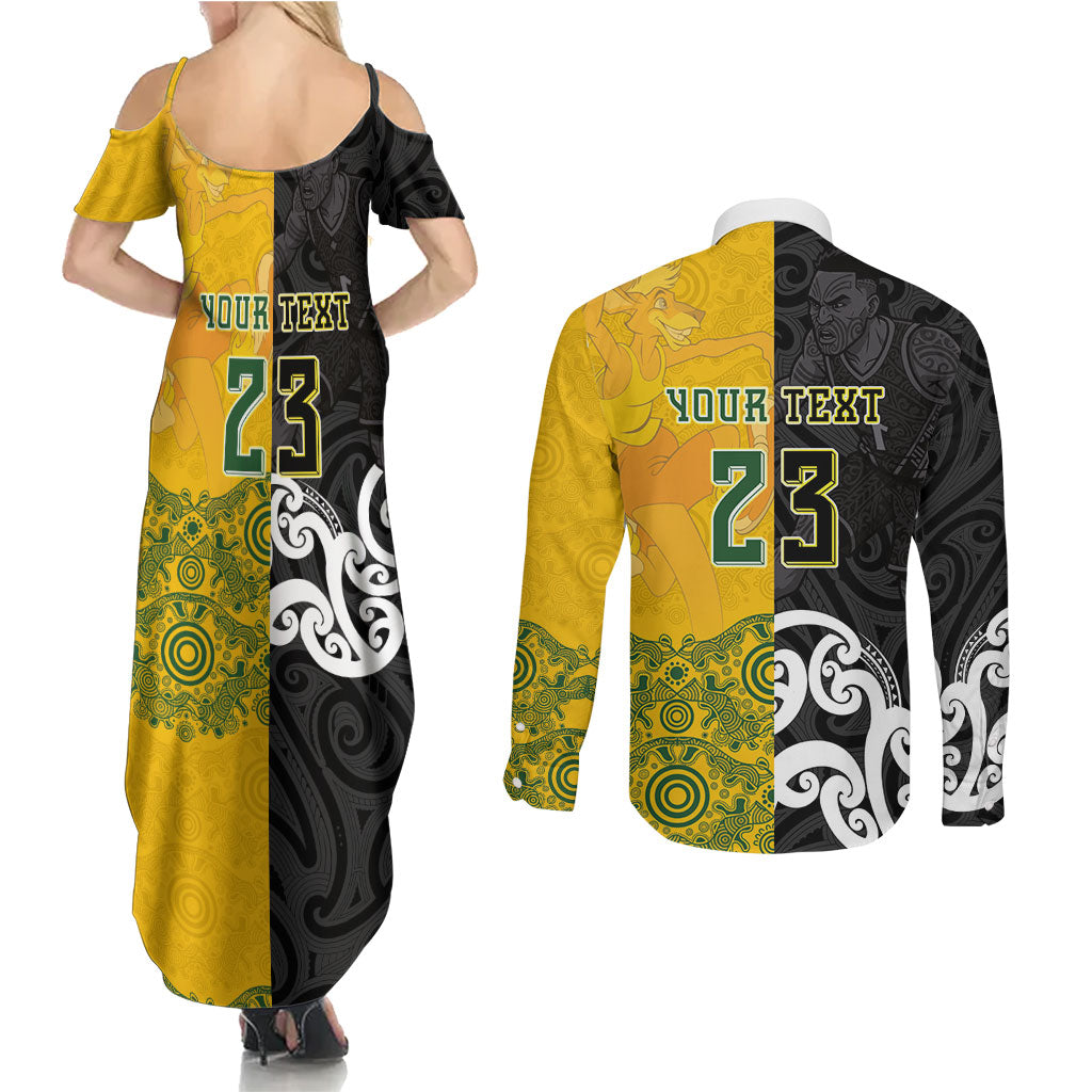 Aotearoa New Zealand And Australia Basketball Custom Couples Matching Summer Maxi Dress and Long Sleeve Button Shirt Maori Tribal Tattoo And Aboriginal Dot Art Heritage LT03 - Polynesian Pride