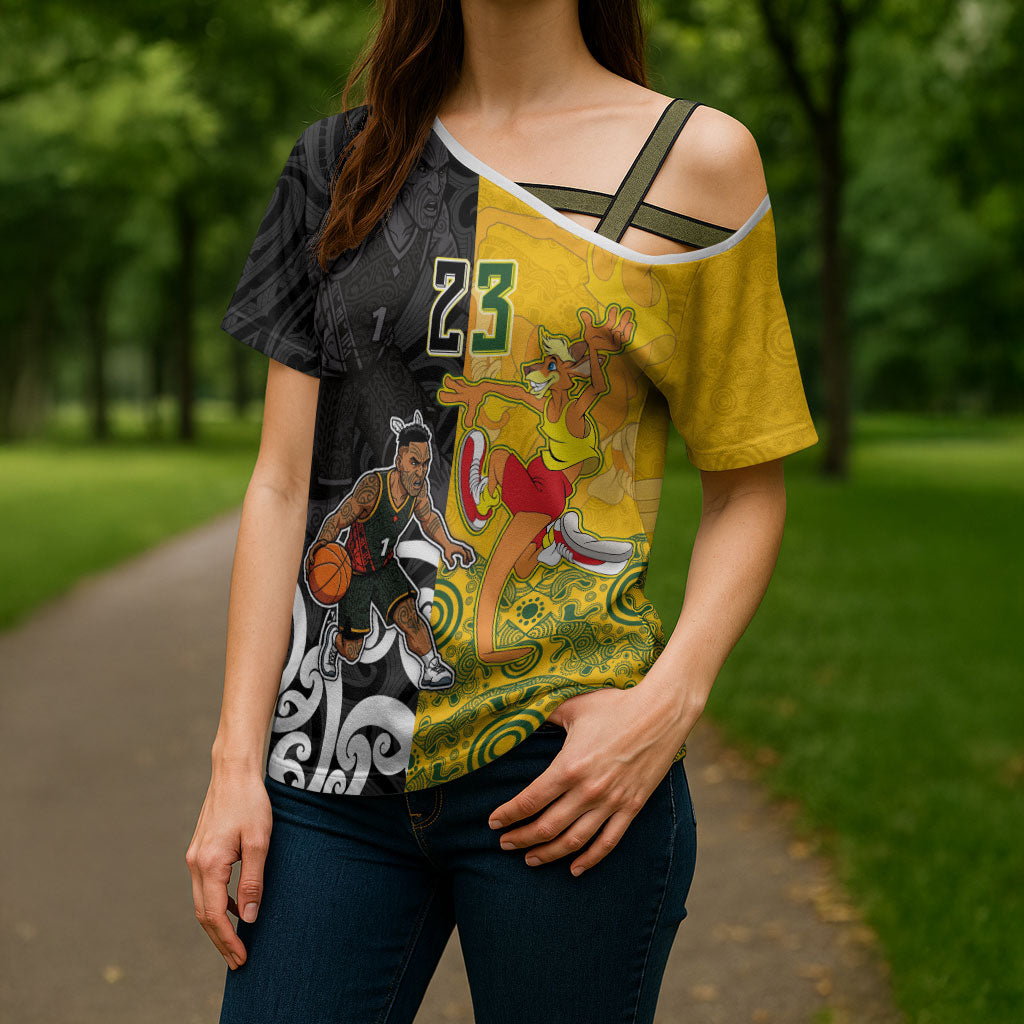 Aotearoa New Zealand And Australia Basketball Custom Cross Shoulder Shirt Maori Tribal Tattoo And Aboriginal Dot Art Heritage LT03 - Polynesian Pride