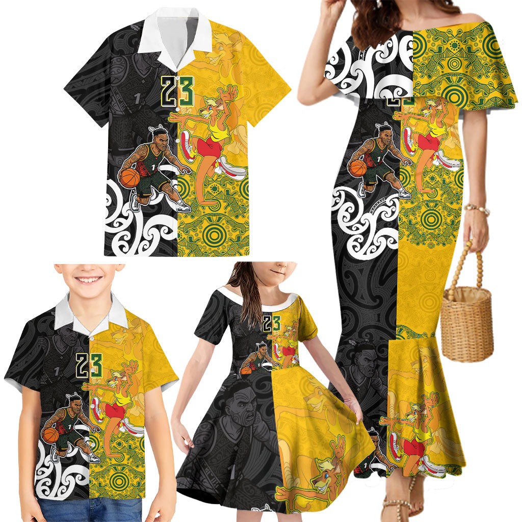 Aotearoa New Zealand And Australia Basketball Custom Family Matching Mermaid Dress and Hawaiian Shirt Maori Tribal Tattoo And Aboriginal Dot Art Heritage LT03 - Polynesian Pride