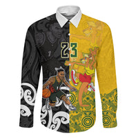 Aotearoa New Zealand And Australia Basketball Custom Family Matching Off Shoulder Maxi Dress and Hawaiian Shirt Maori Tribal Tattoo And Aboriginal Dot Art Heritage LT03 Dad's Shirt - Long Sleeve Multicolor - Polynesian Pride