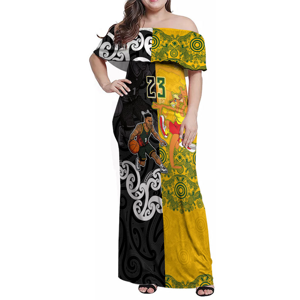 Aotearoa New Zealand And Australia Basketball Custom Family Matching Off Shoulder Maxi Dress and Hawaiian Shirt Maori Tribal Tattoo And Aboriginal Dot Art Heritage LT03 Mom's Dress Multicolor - Polynesian Pride