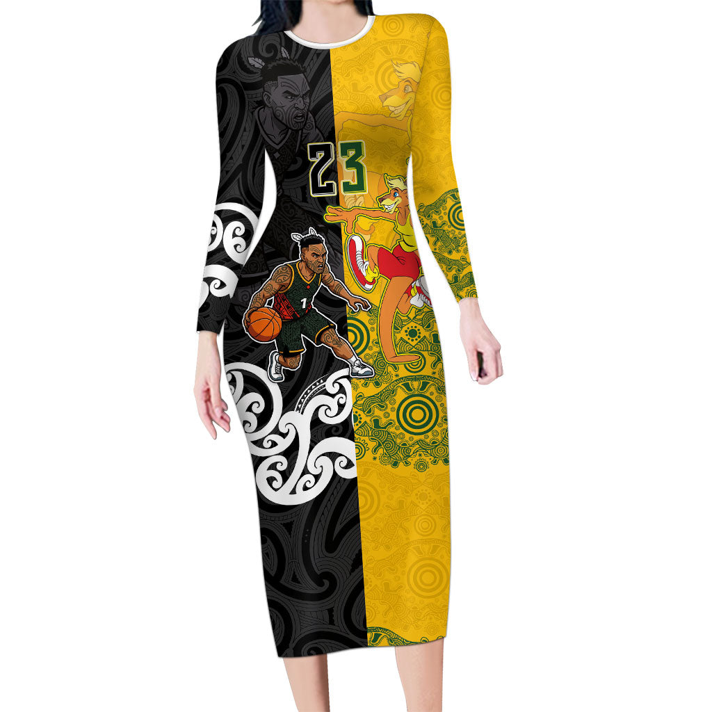 Aotearoa New Zealand And Australia Basketball Custom Long Sleeve Bodycon Dress Maori Tribal Tattoo And Aboriginal Dot Art Heritage LT03 Long Dress Multicolor - Polynesian Pride