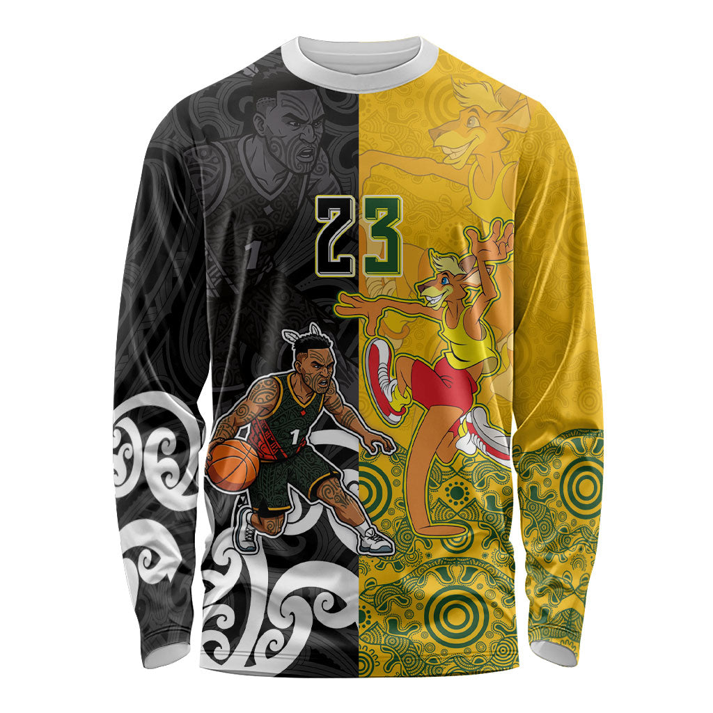 Aotearoa New Zealand And Australia Basketball Custom Long Sleeve Shirt Maori Tribal Tattoo And Aboriginal Dot Art Heritage