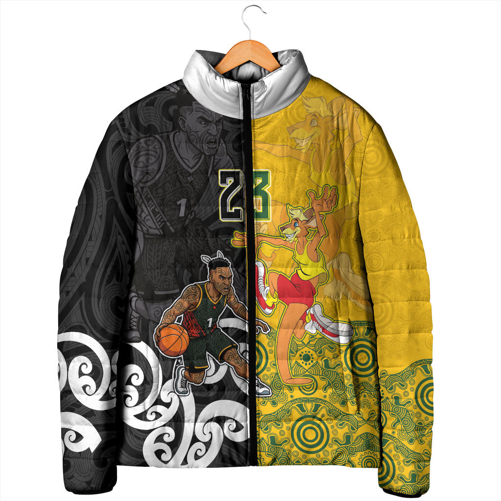 Aotearoa New Zealand And Australia Basketball Custom Padded Jacket Maori Tribal Tattoo And Aboriginal Dot Art Heritage