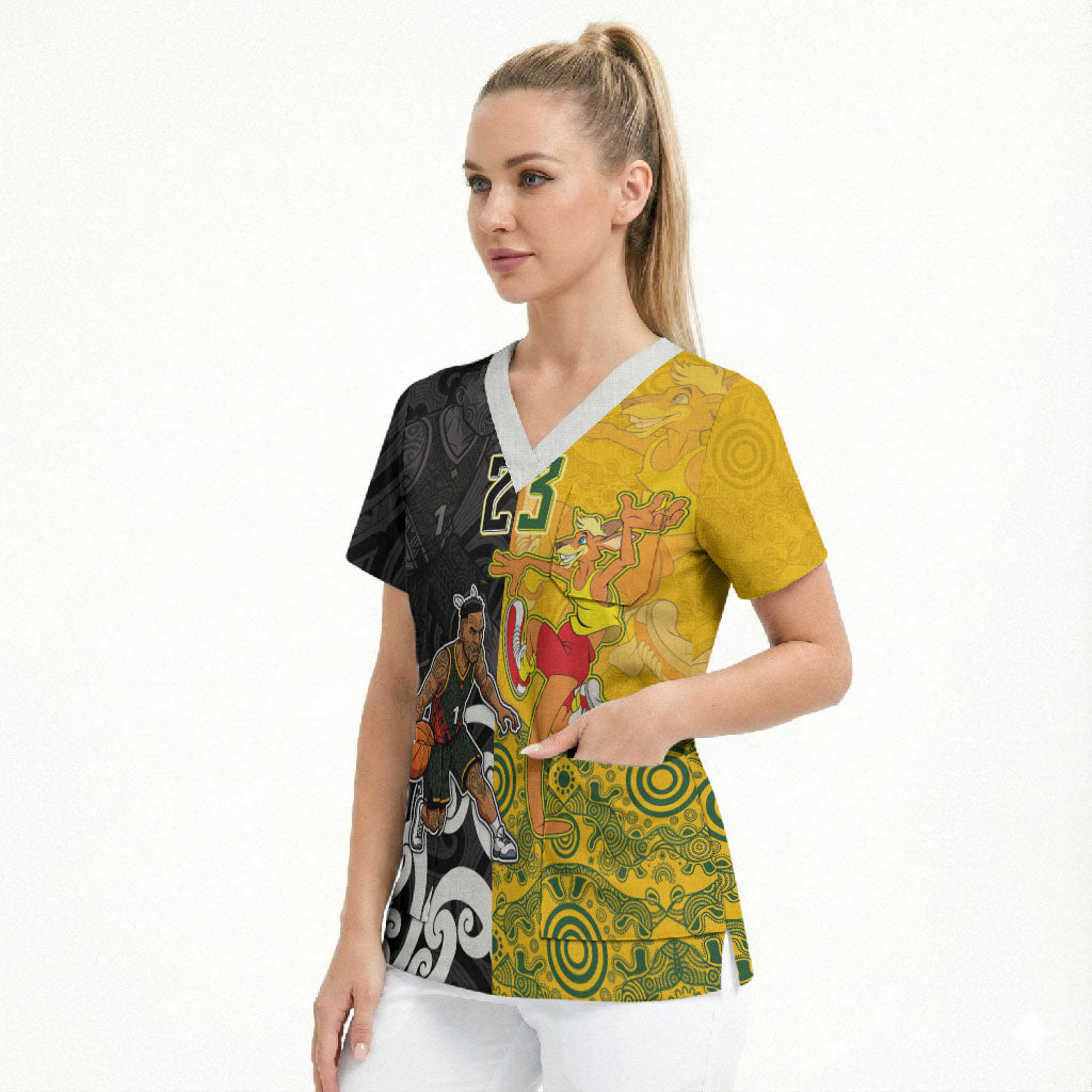 Aotearoa New Zealand And Australia Basketball Custom Scrub Top Maori Tribal Tattoo And Aboriginal Dot Art Heritage