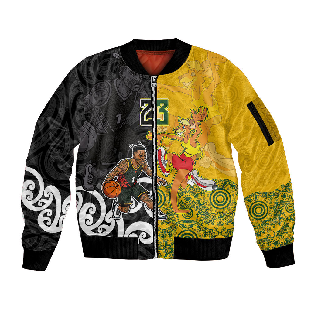 Aotearoa New Zealand And Australia Basketball Custom Sleeve Zip Bomber Jacket Maori Tribal Tattoo And Aboriginal Dot Art Heritage