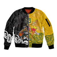 Aotearoa New Zealand And Australia Basketball Custom Sleeve Zip Bomber Jacket Maori Tribal Tattoo And Aboriginal Dot Art Heritage