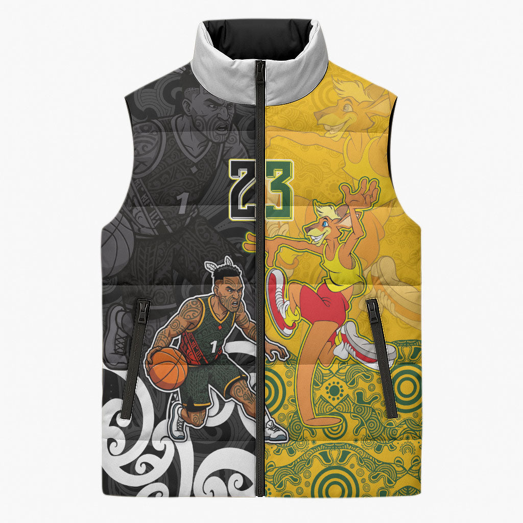 Aotearoa New Zealand And Australia Basketball Custom Sleeveless Puffer Jacket Maori Tribal Tattoo And Aboriginal Dot Art Heritage