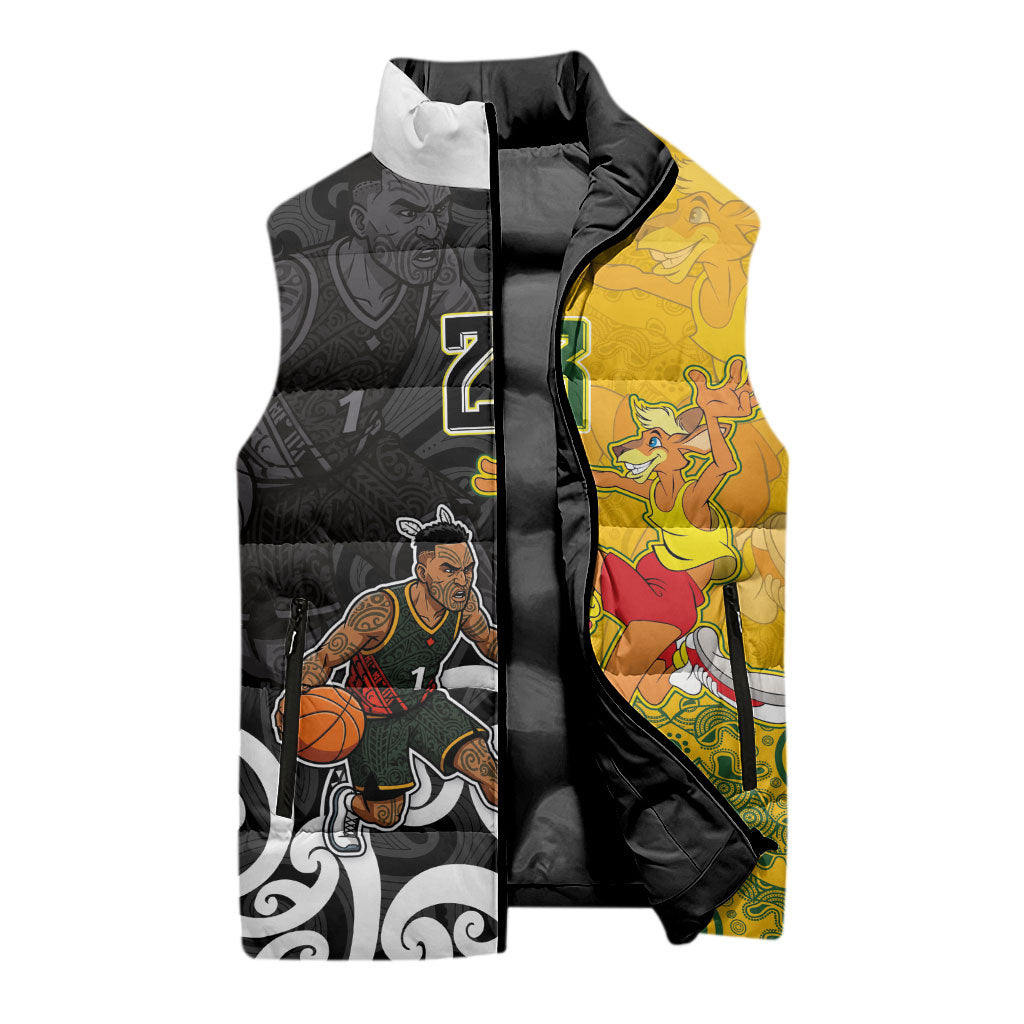 Aotearoa New Zealand And Australia Basketball Custom Sleeveless Puffer Jacket Maori Tribal Tattoo And Aboriginal Dot Art Heritage