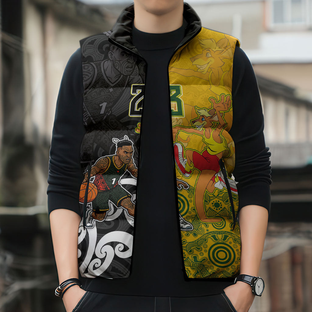 Aotearoa New Zealand And Australia Basketball Custom Sleeveless Puffer Jacket Maori Tribal Tattoo And Aboriginal Dot Art Heritage