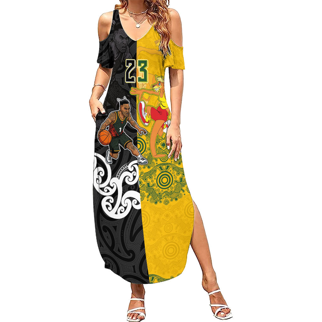 Aotearoa New Zealand And Australia Basketball Custom Summer Maxi Dress Maori Tribal Tattoo And Aboriginal Dot Art Heritage LT03 Women Multicolor - Polynesian Pride