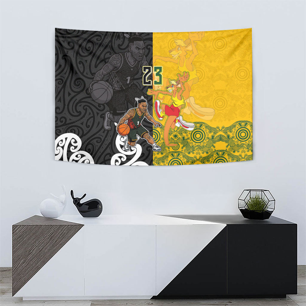 Aotearoa New Zealand And Australia Basketball Custom Tapestry Maori Tribal Tattoo And Aboriginal Dot Art Heritage