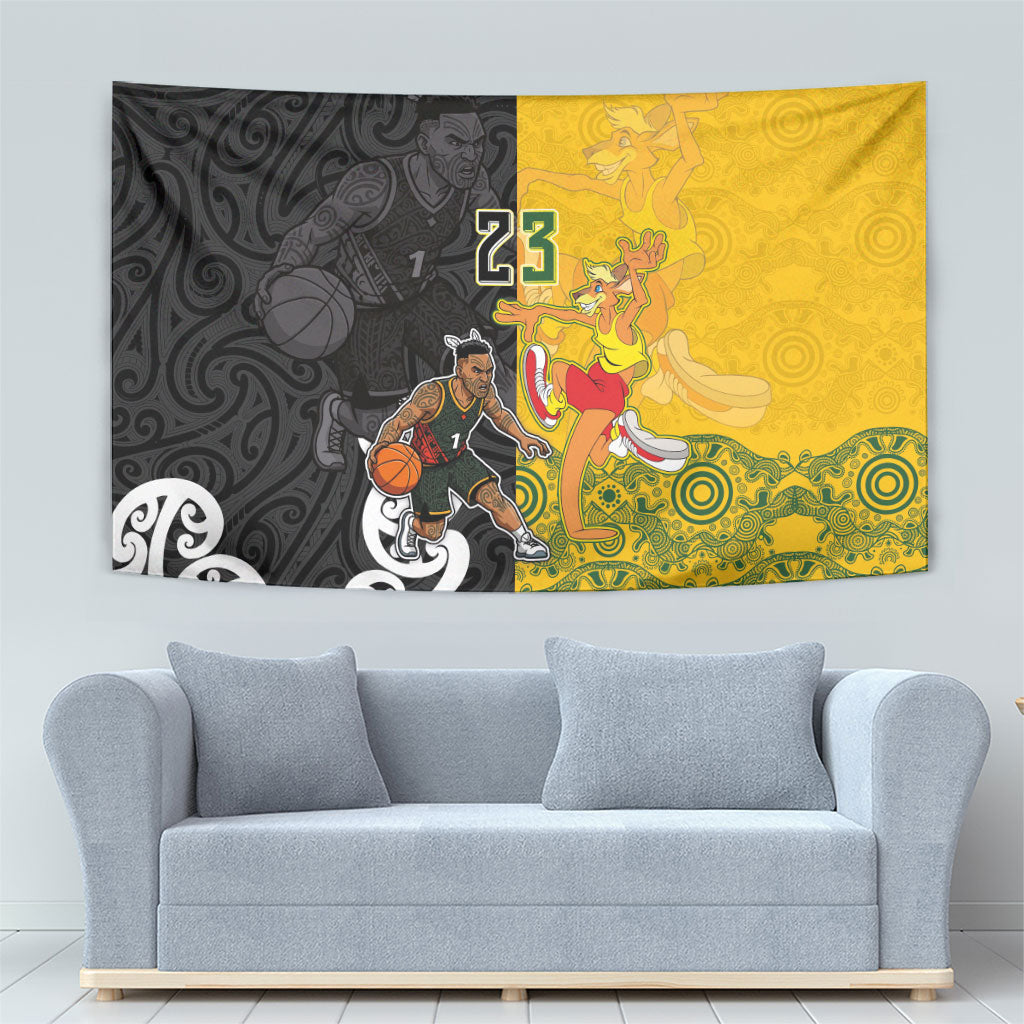 Aotearoa New Zealand And Australia Basketball Custom Tapestry Maori Tribal Tattoo And Aboriginal Dot Art Heritage