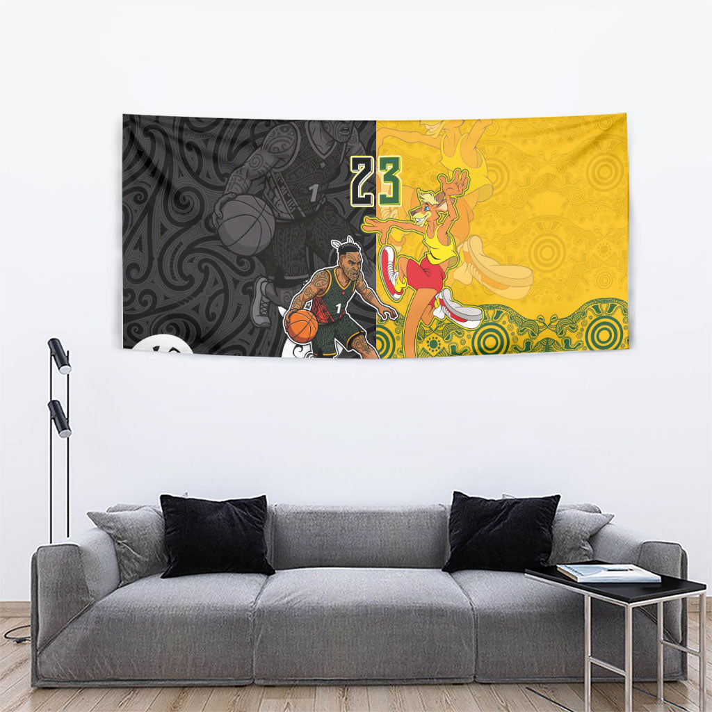 Aotearoa New Zealand And Australia Basketball Custom Tapestry Maori Tribal Tattoo And Aboriginal Dot Art Heritage