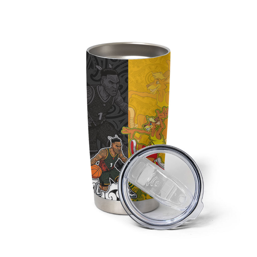 Aotearoa New Zealand And Australia Basketball Custom Tumbler Cup Maori Tribal Tattoo And Aboriginal Dot Art Heritage LT03 - Polynesian Pride
