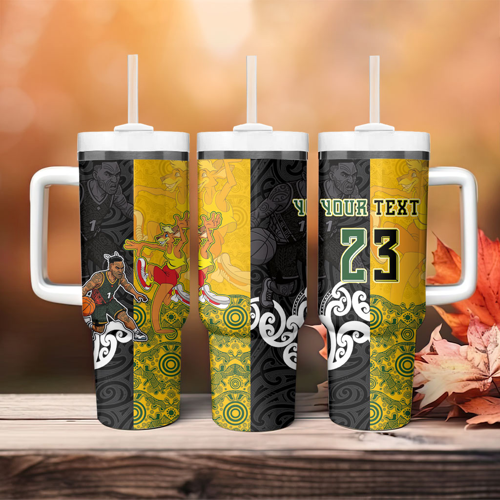 Aotearoa New Zealand And Australia Basketball Custom Tumbler With Handle Maori Tribal Tattoo And Aboriginal Dot Art Heritage LT03 - Polynesian Pride