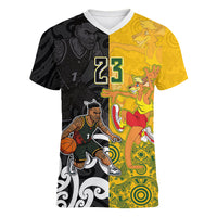 Aotearoa New Zealand And Australia Basketball Custom Women V-Neck T-Shirt Maori Tribal Tattoo And Aboriginal Dot Art Heritage LT03 Female Multicolor - Polynesian Pride