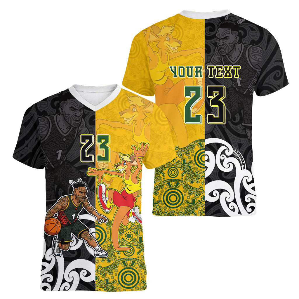 Aotearoa New Zealand And Australia Basketball Custom Women V-Neck T-Shirt Maori Tribal Tattoo And Aboriginal Dot Art Heritage LT03 - Polynesian Pride