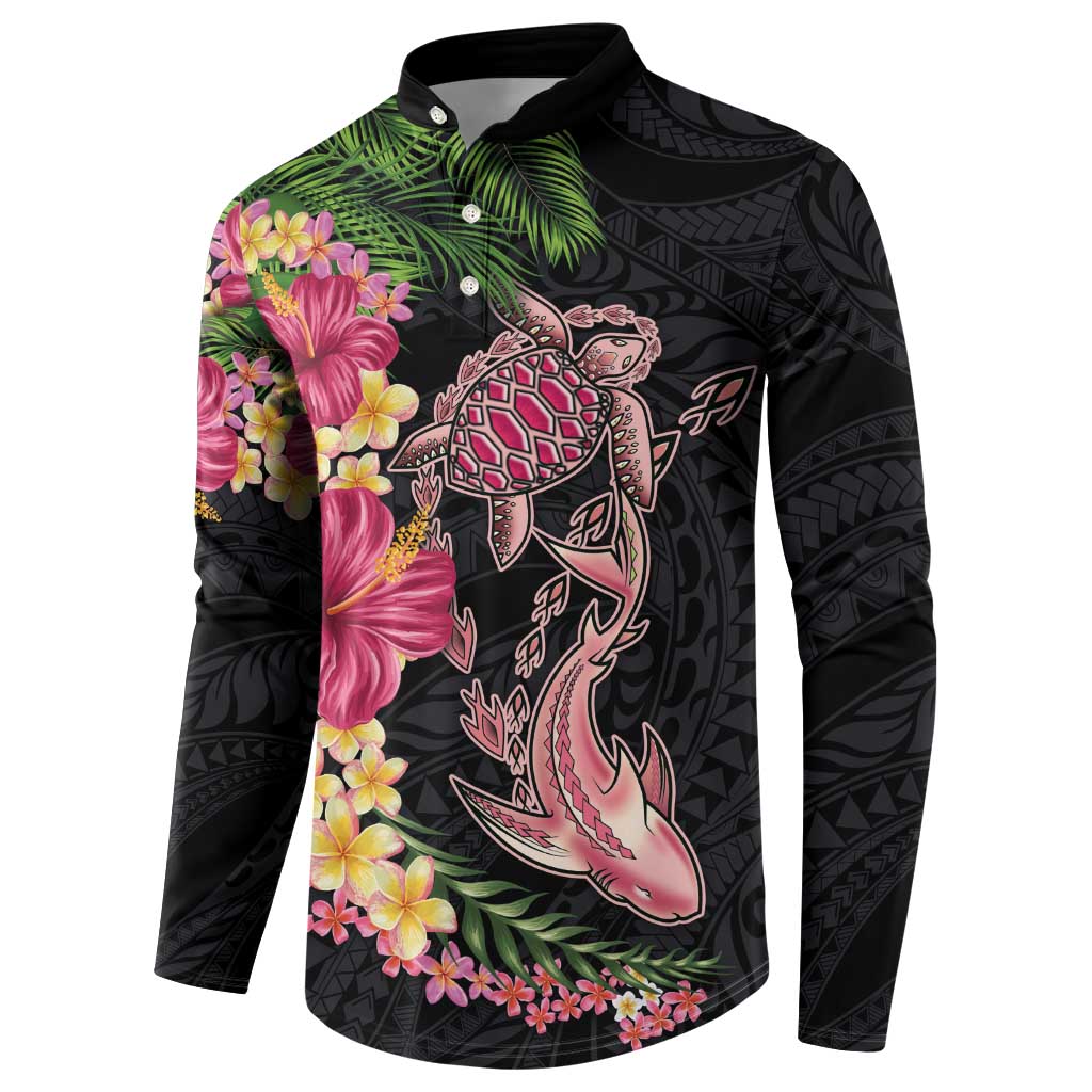 Hawaiian Tropical Plants Turtle and Shark Button Sweatshirt Polynesian Art Tattoo