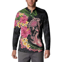 Hawaiian Tropical Plants Turtle and Shark Button Sweatshirt Polynesian Art Tattoo