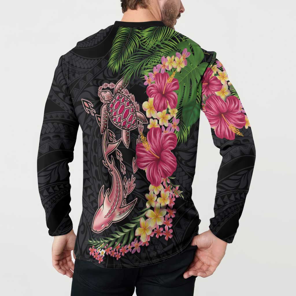 Hawaiian Tropical Plants Turtle and Shark Button Sweatshirt Polynesian Art Tattoo