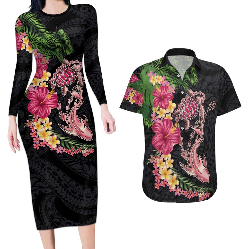 Hawaiian Tropical Plants Turtle and Shark Couples Matching Long Sleeve Bodycon Dress and Hawaiian Shirt Polynesian Art Tattoo