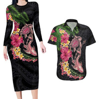 Hawaiian Tropical Plants Turtle and Shark Couples Matching Long Sleeve Bodycon Dress and Hawaiian Shirt Polynesian Art Tattoo