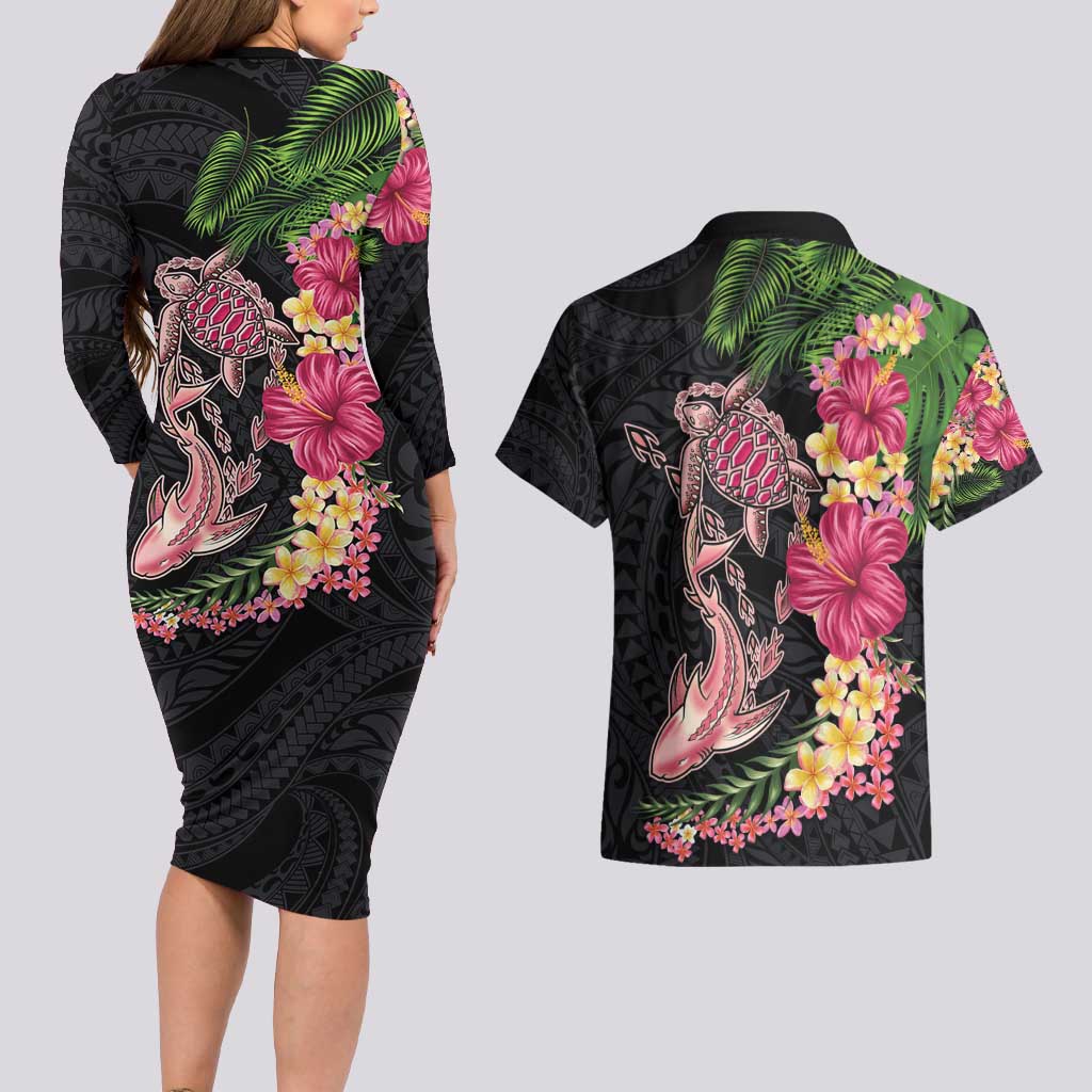 Hawaiian Tropical Plants Turtle and Shark Couples Matching Long Sleeve Bodycon Dress and Hawaiian Shirt Polynesian Art Tattoo