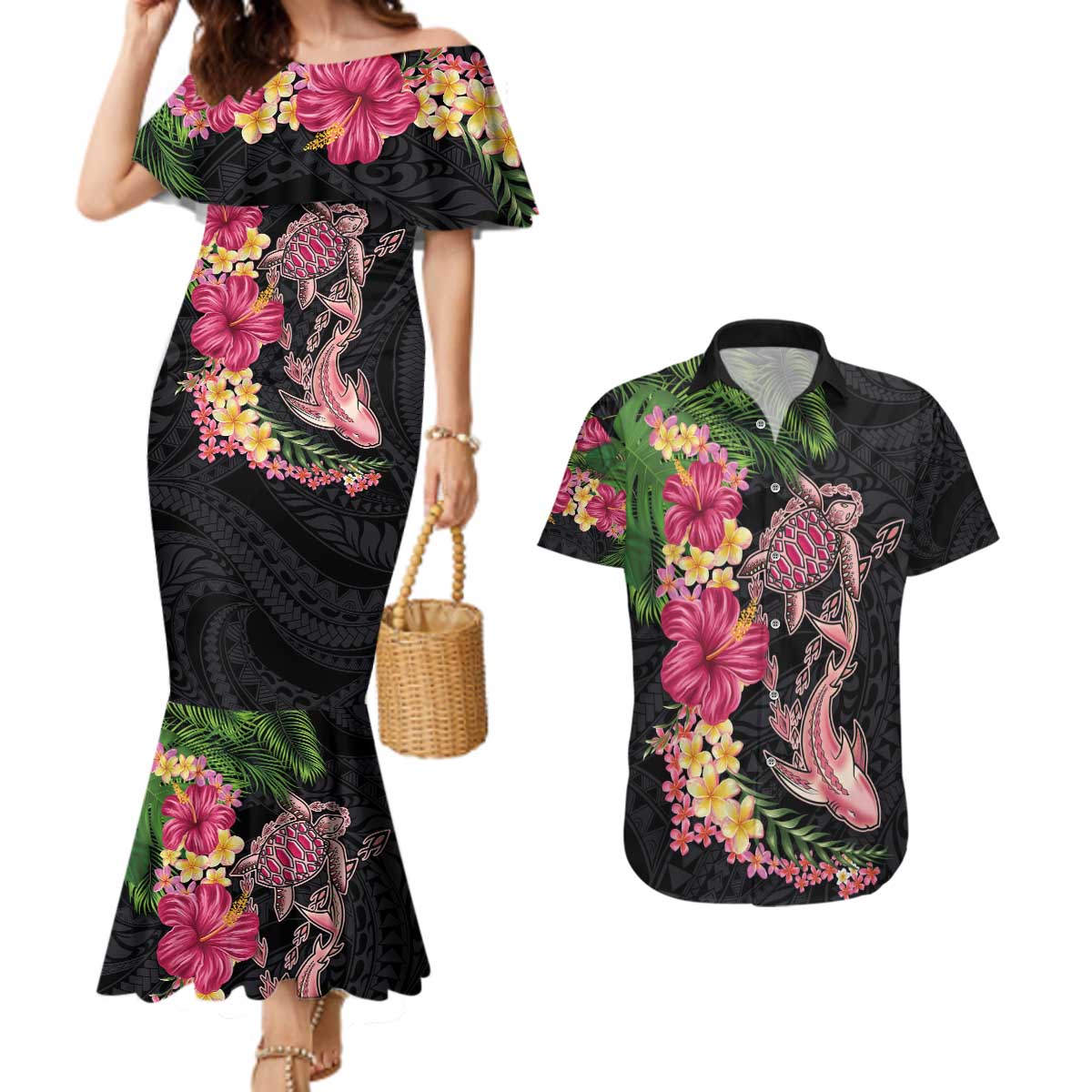 Hawaiian Tropical Plants Turtle and Shark Couples Matching Mermaid Dress and Hawaiian Shirt Polynesian Art Tattoo