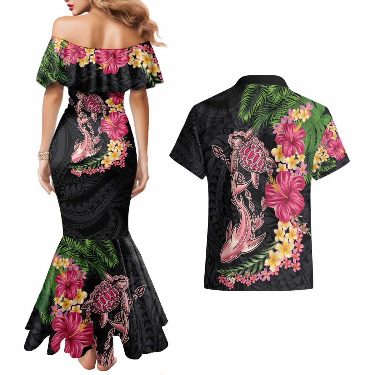 Hawaiian Tropical Plants Turtle and Shark Couples Matching Mermaid Dress and Hawaiian Shirt Polynesian Art Tattoo