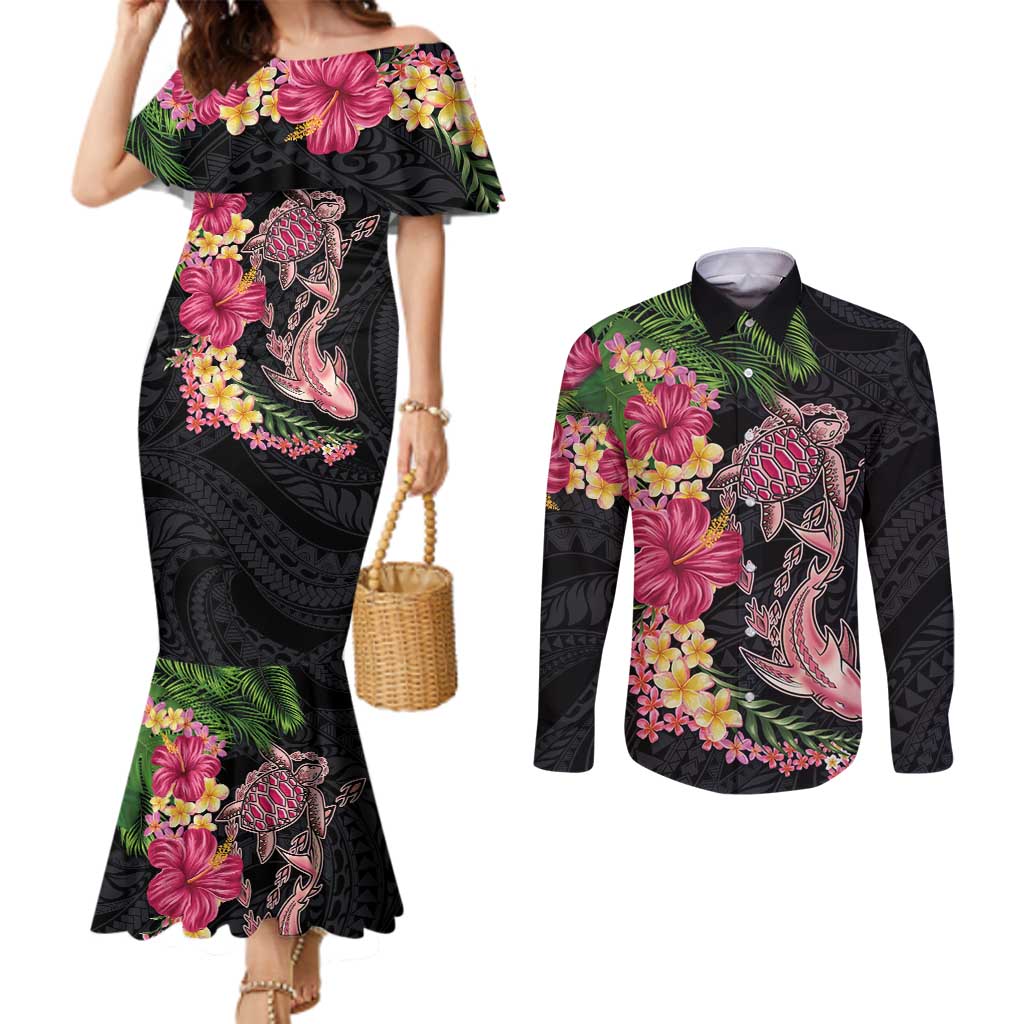 Hawaiian Tropical Plants Turtle and Shark Couples Matching Mermaid Dress and Long Sleeve Button Shirt Polynesian Art Tattoo