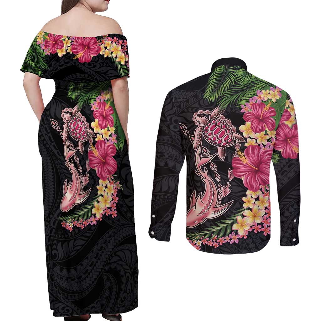 Hawaiian Tropical Plants Turtle and Shark Couples Matching Off Shoulder Maxi Dress and Long Sleeve Button Shirt Polynesian Art Tattoo