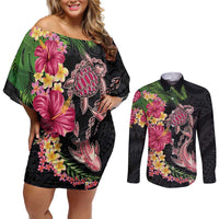 Hawaiian Tropical Plants Turtle and Shark Couples Matching Off Shoulder Short Dress and Long Sleeve Button Shirt Polynesian Art Tattoo