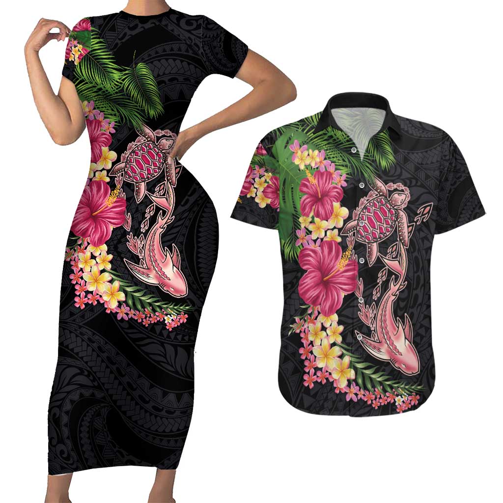 Hawaiian Tropical Plants Turtle and Shark Couples Matching Short Sleeve Bodycon Dress and Hawaiian Shirt Polynesian Art Tattoo