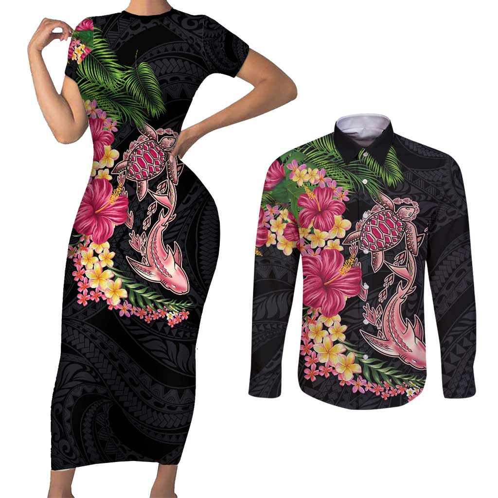 Hawaiian Tropical Plants Turtle and Shark Couples Matching Short Sleeve Bodycon Dress and Long Sleeve Button Shirt Polynesian Art Tattoo