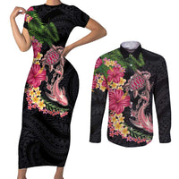 Hawaiian Tropical Plants Turtle and Shark Couples Matching Short Sleeve Bodycon Dress and Long Sleeve Button Shirt Polynesian Art Tattoo