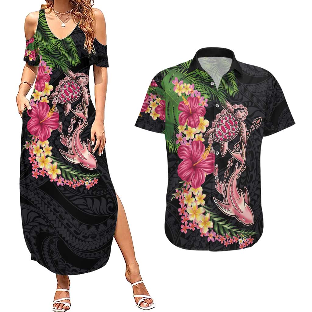 Hawaiian Tropical Plants Turtle and Shark Couples Matching Summer Maxi Dress and Hawaiian Shirt Polynesian Art Tattoo