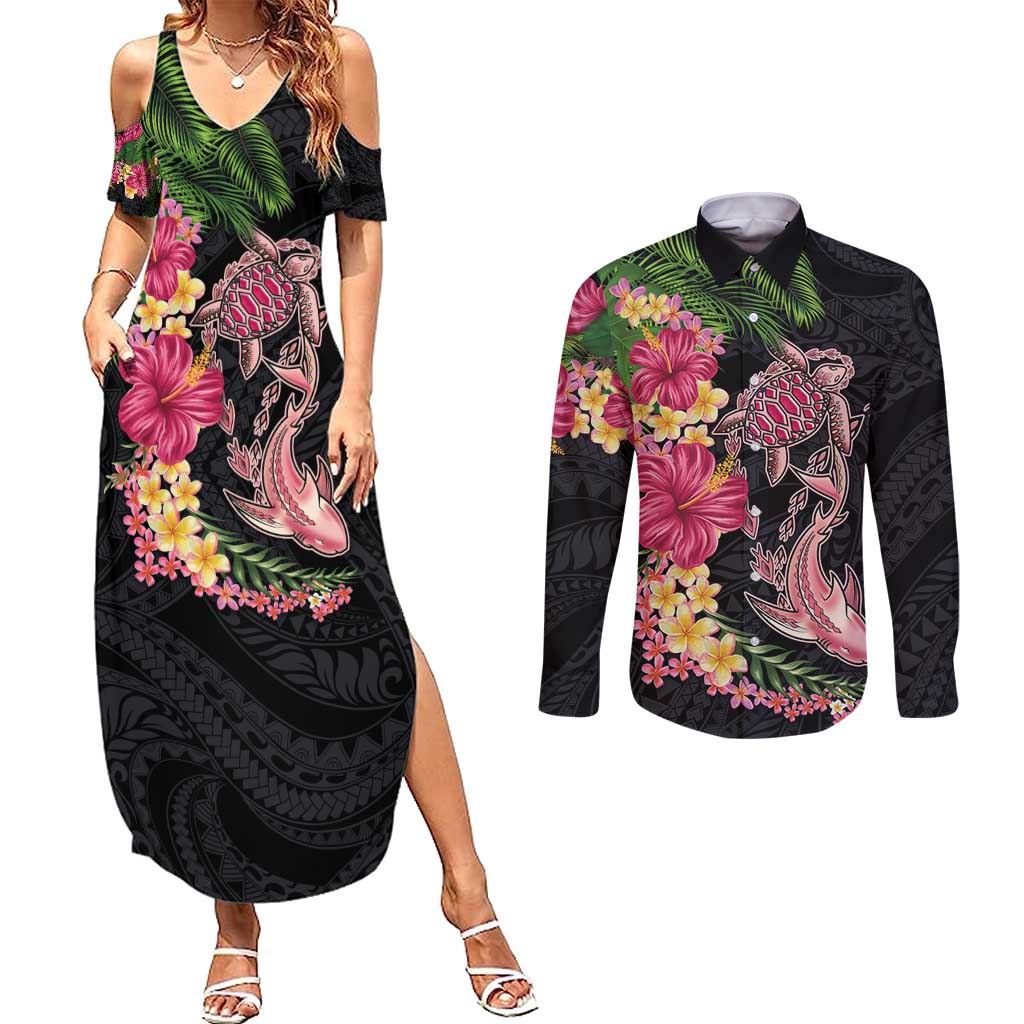 Hawaiian Tropical Plants Turtle and Shark Couples Matching Summer Maxi Dress and Long Sleeve Button Shirt Polynesian Art Tattoo