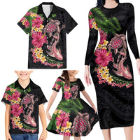 Hawaiian Tropical Plants Turtle and Shark Family Matching Long Sleeve Bodycon Dress and Hawaiian Shirt Polynesian Art Tattoo