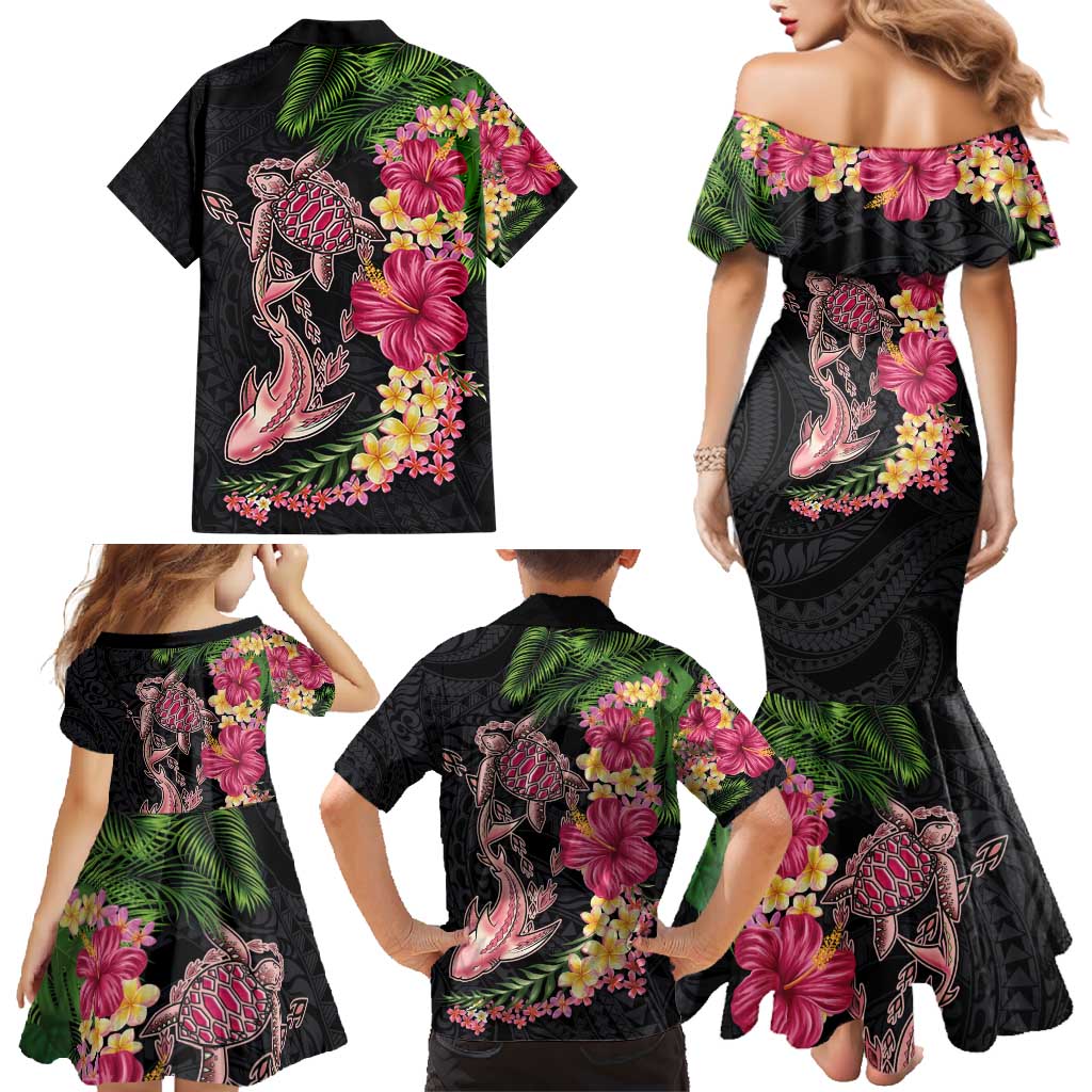 Hawaiian Tropical Plants Turtle and Shark Family Matching Mermaid Dress and Hawaiian Shirt Polynesian Art Tattoo