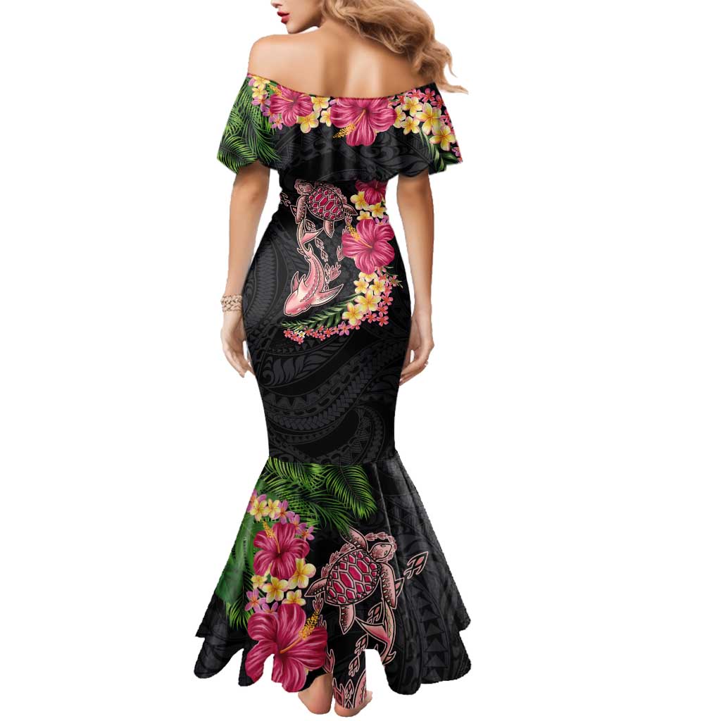 Hawaiian Tropical Plants Turtle and Shark Family Matching Mermaid Dress and Hawaiian Shirt Polynesian Art Tattoo