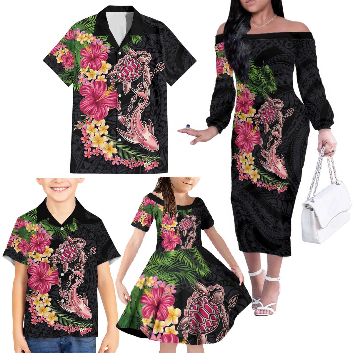 Hawaiian Tropical Plants Turtle and Shark Family Matching Off The Shoulder Long Sleeve Dress and Hawaiian Shirt Polynesian Art Tattoo