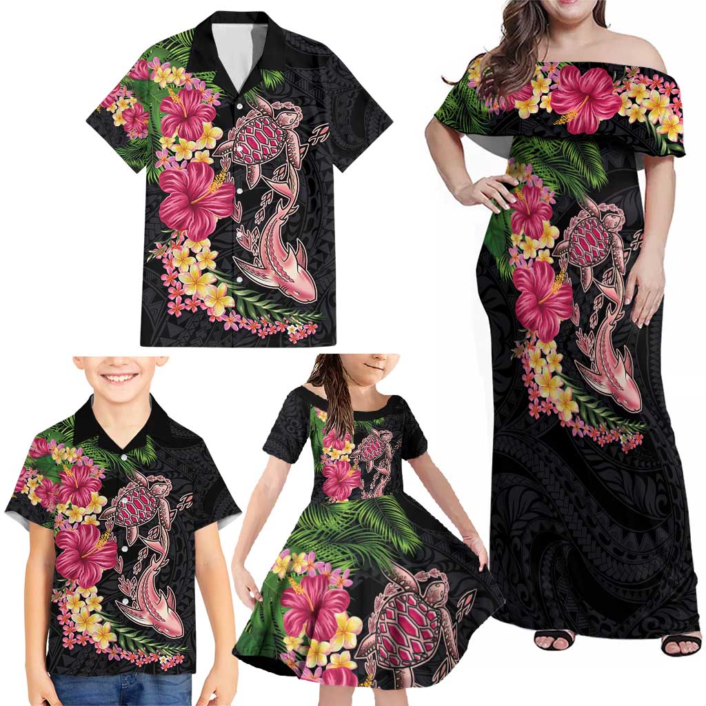 Hawaiian Tropical Plants Turtle and Shark Family Matching Off Shoulder Maxi Dress and Hawaiian Shirt Polynesian Art Tattoo