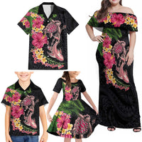 Hawaiian Tropical Plants Turtle and Shark Family Matching Off Shoulder Maxi Dress and Hawaiian Shirt Polynesian Art Tattoo